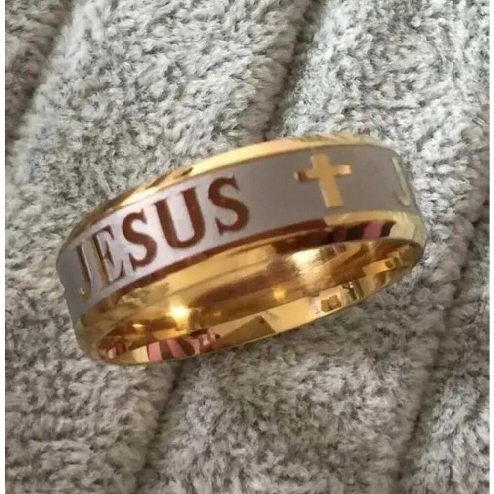 Jesus Ring Christian Fish Cross Gold Steel Size Available 6, 7, 8, 9, 10 & 11